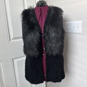 Vtg Guess Faux Fur Vest Open Front Glam Rocker Chic Black Whimsical pockets